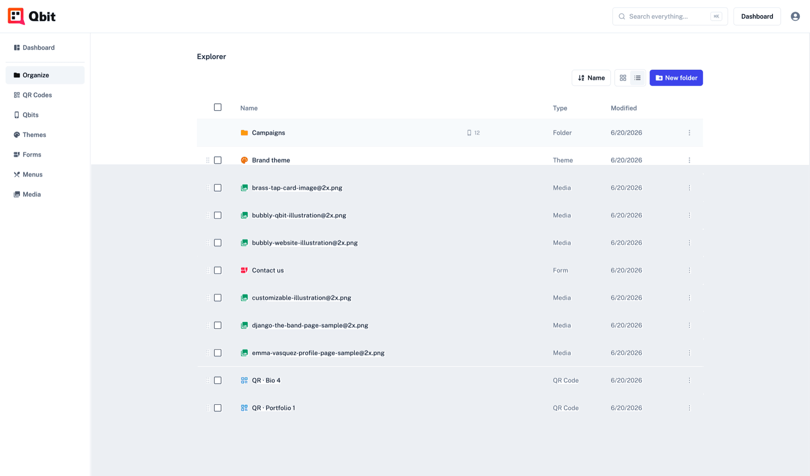 The Qbit explorer organizing pages, codes, themes, and media in folders