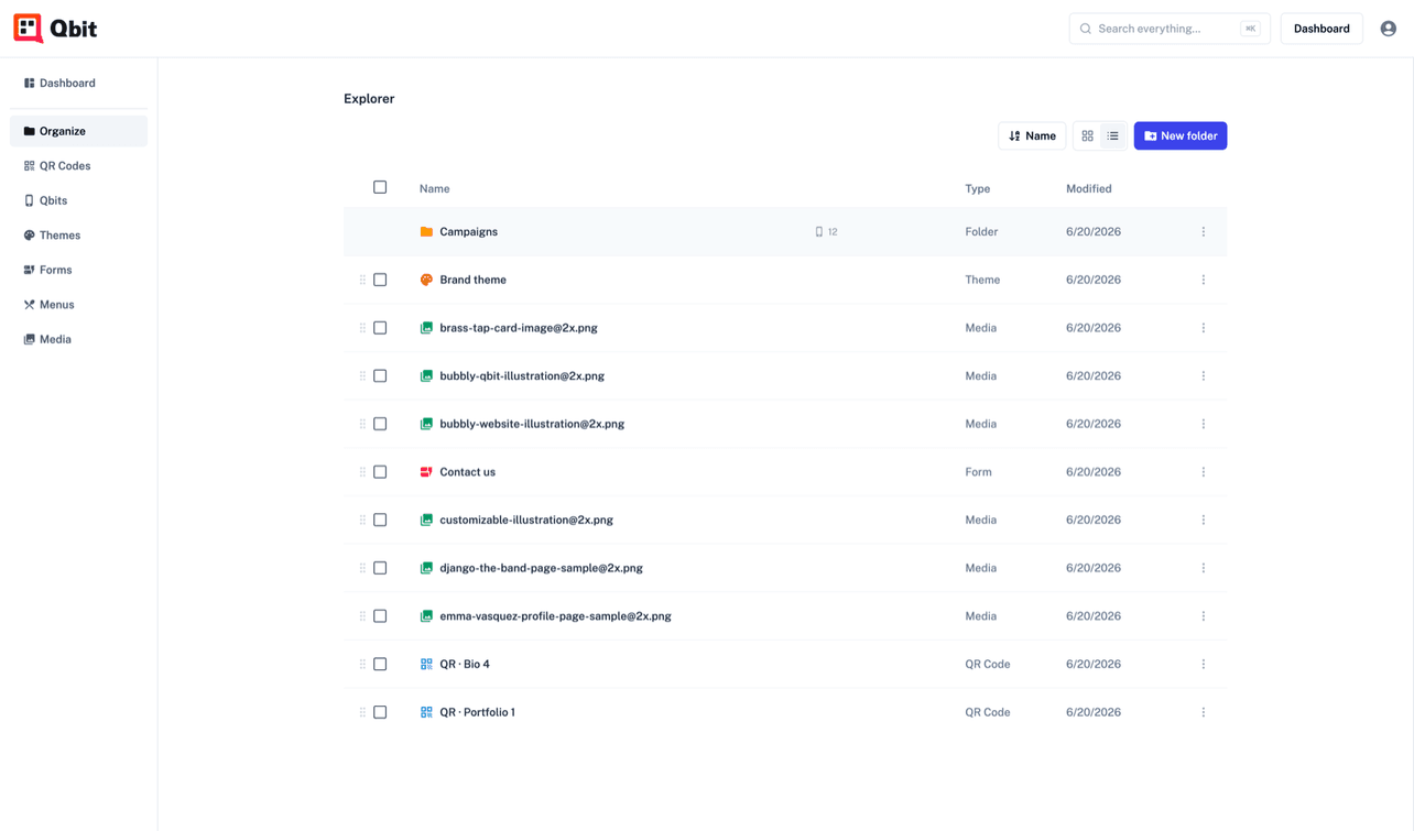 The Qbit explorer organizing pages, codes, themes, and media in folders