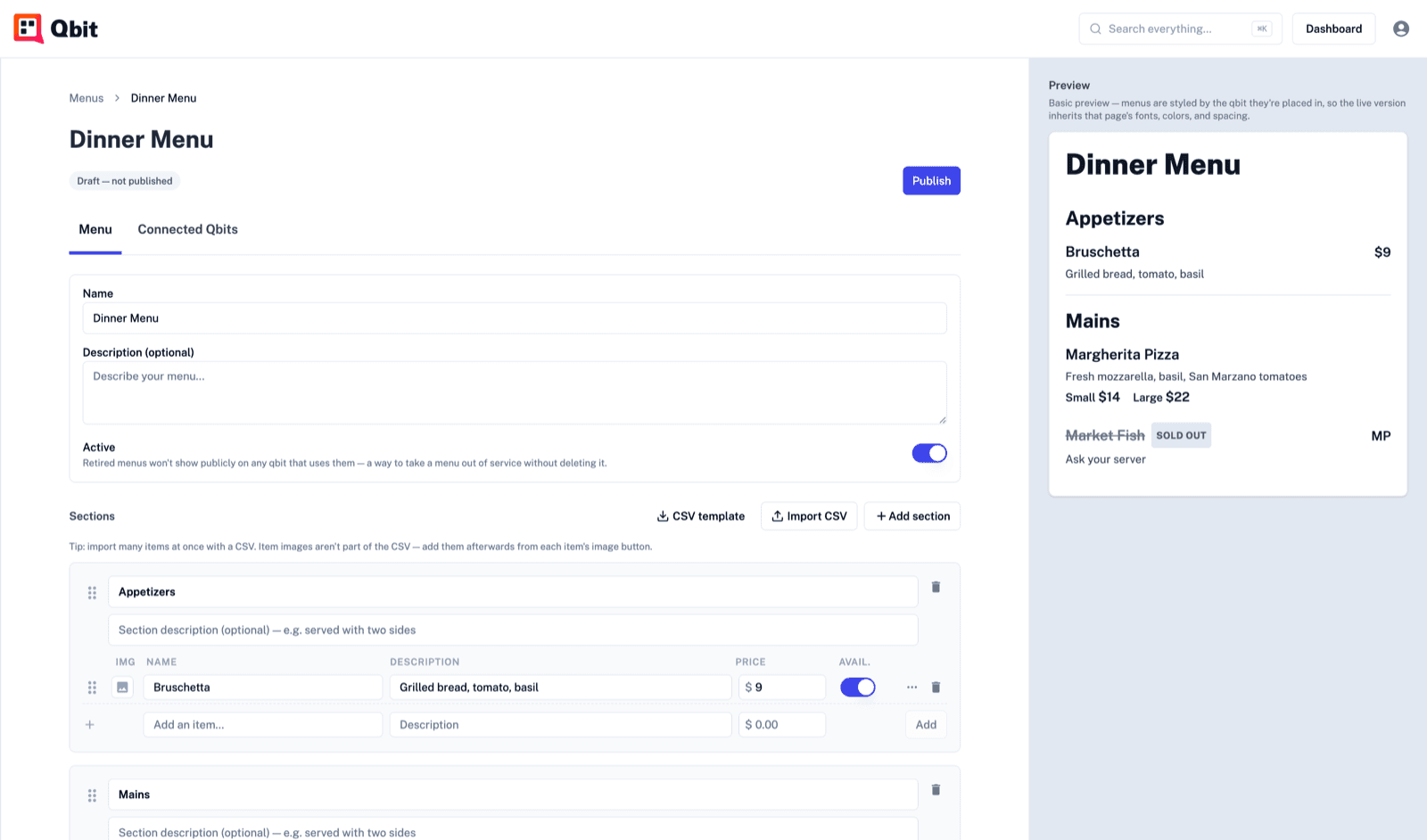Editing a restaurant menu in Qbit with a live preview