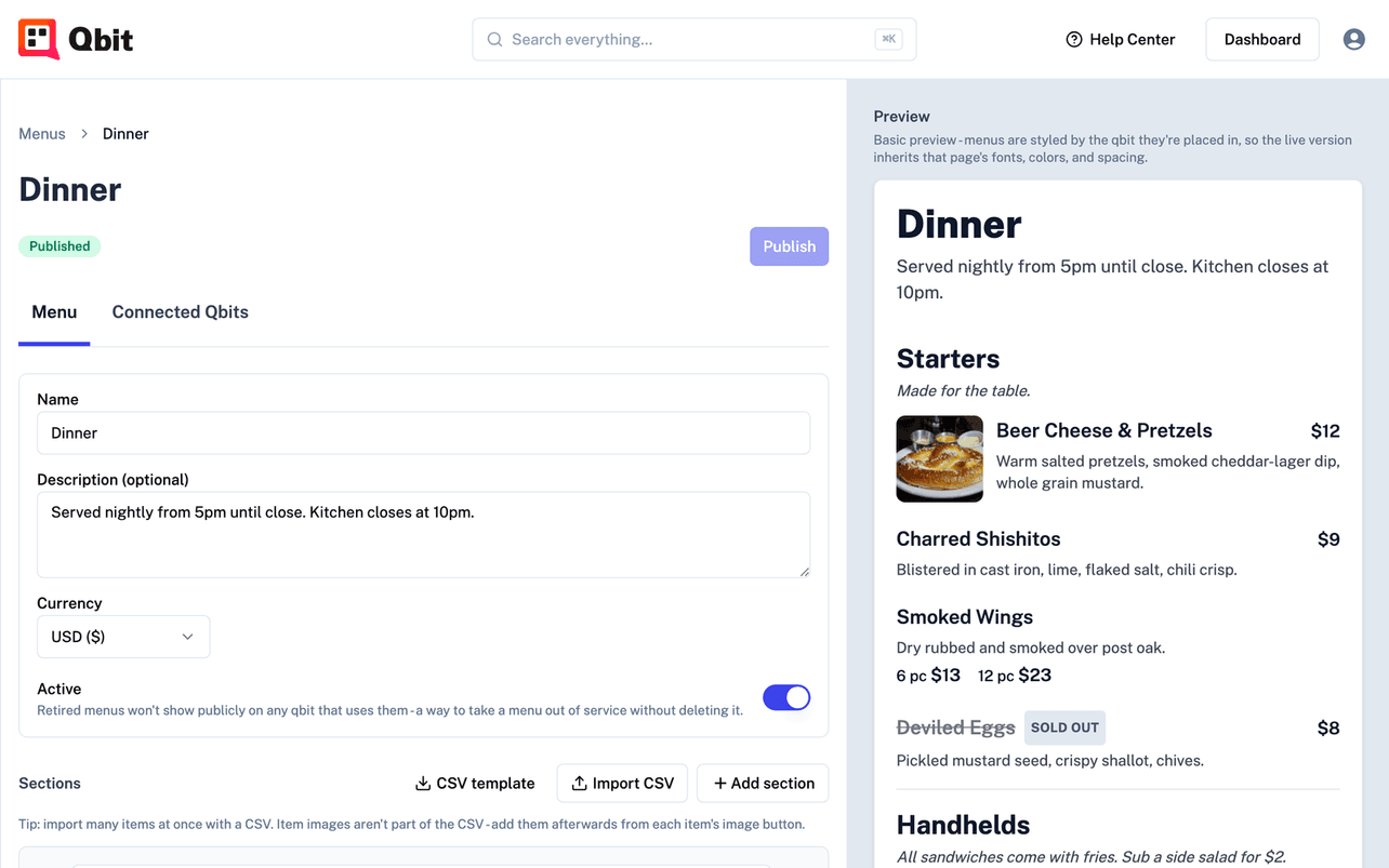 Editing a restaurant menu in Qbit with a live preview