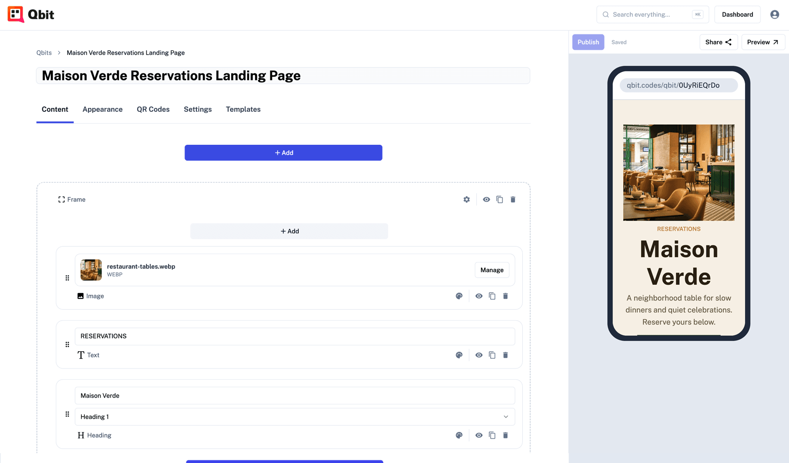 Building a landing page in the Qbit editor with a live phone preview