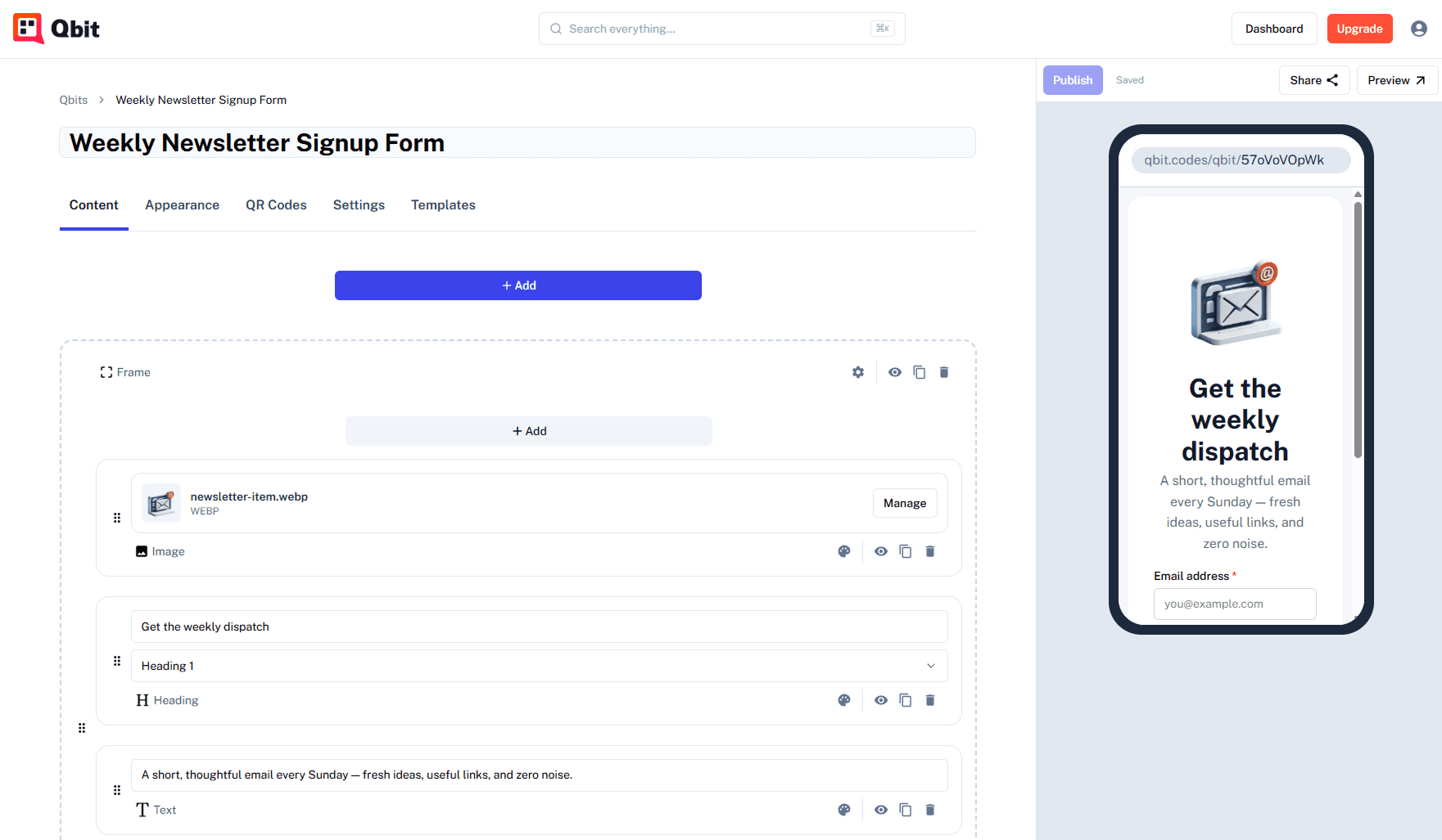 Adding a lead-capture form to a Qbit page