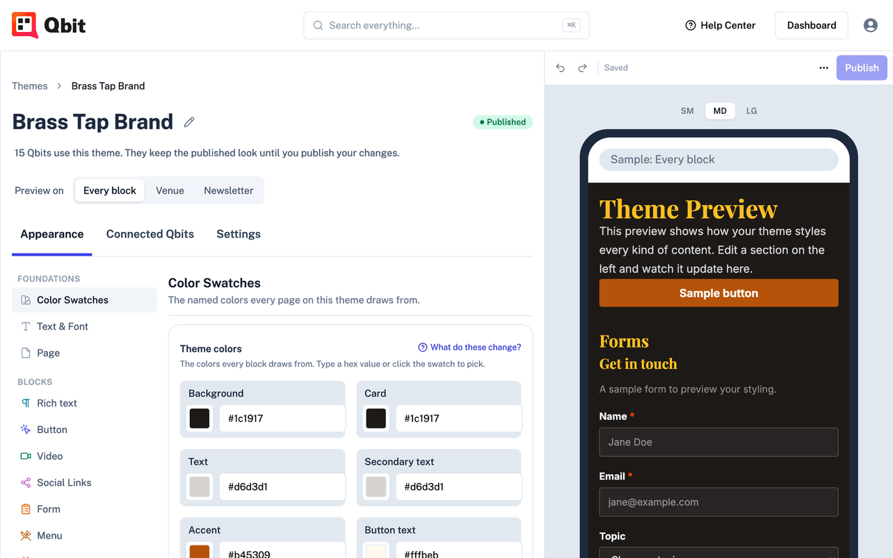 Editing a reusable brand theme in Qbit