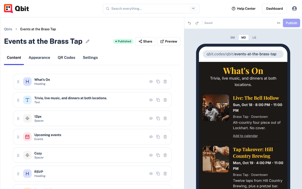 An always-current upcoming events list on a Qbit page