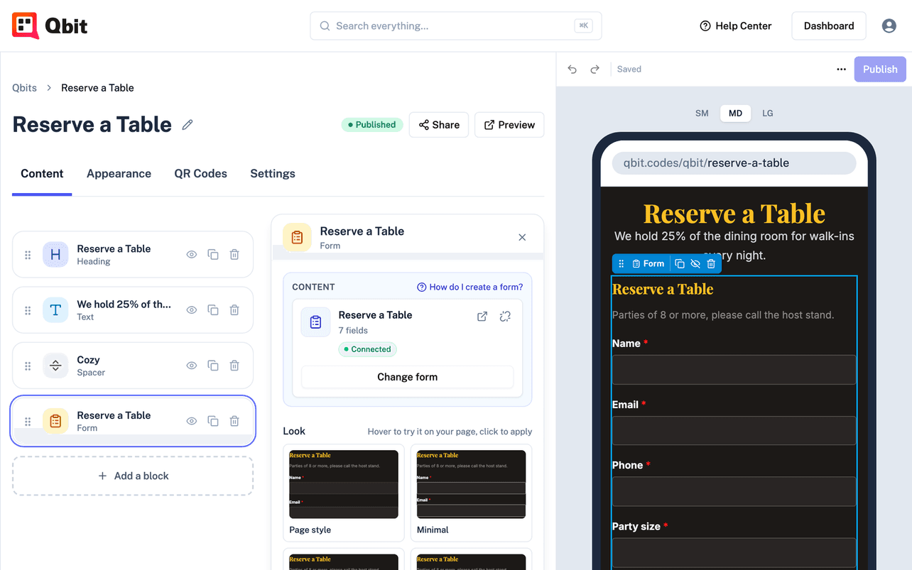 Adding a lead-capture form to a Qbit page