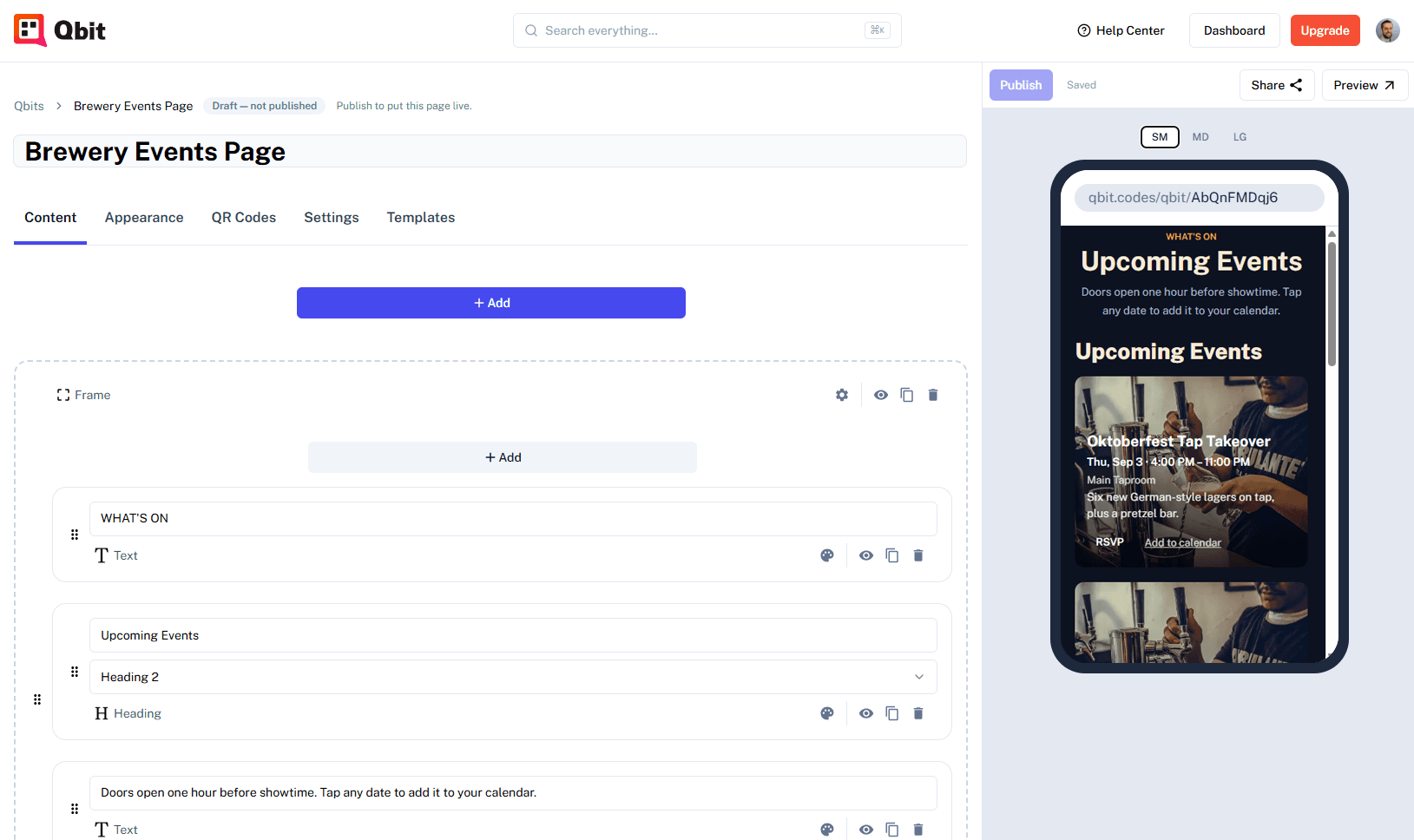An always-current upcoming events list on a Qbit page