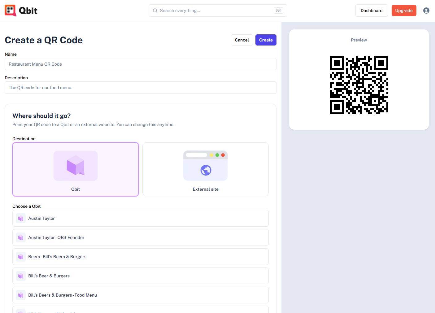 The "Create a QR Code" page with the form on the left and the live preview panel on the right