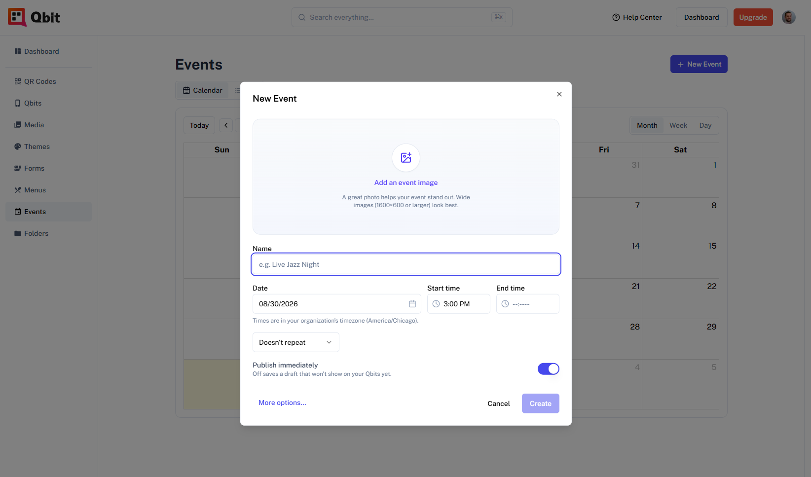 The events calendar with the quick-create dialog open on a selected day