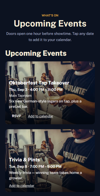 A Qbit page with the events element showing a styled list of upcoming events