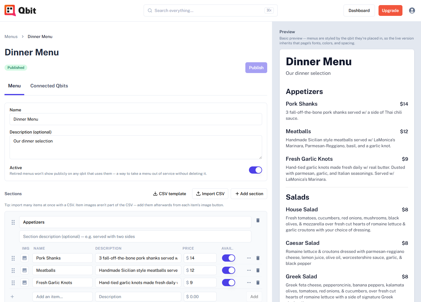 The menu builder with a section of items and the quick-add row at the bottom, next to the live menu preview