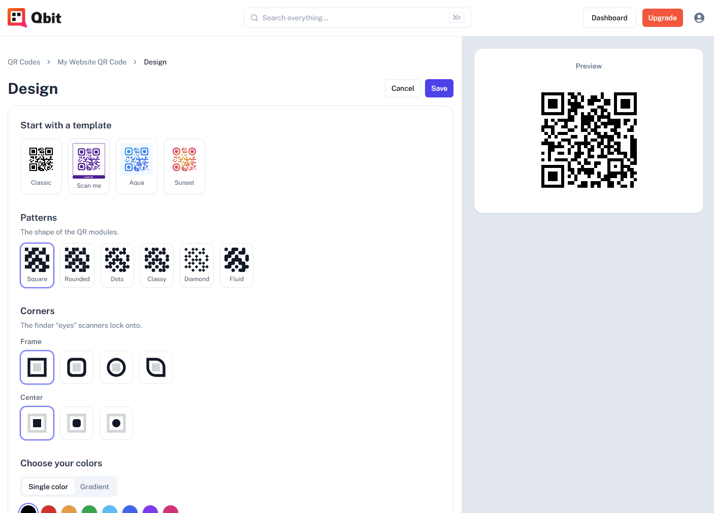 The Design page showing the style controls on the left and the live QR preview on the right