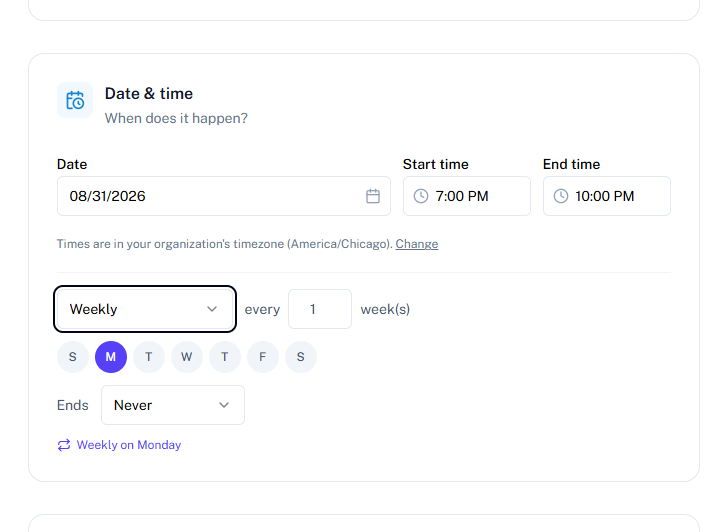 The repeat options in the event create form, showing a weekly recurrence summary